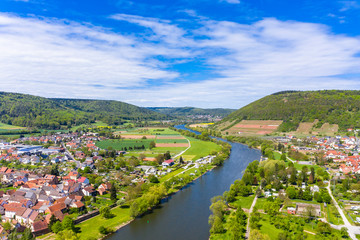 Fototapeta na wymiar Aerial view, view of Kleinheubach and Großheubach, Miltenberg am Main, Lower Franconia, Bavaria, Germany