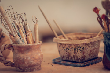 Close up of different instruments standing in the cup