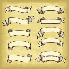 Isolated hand drawn banners set. Old paper texture background. Vintage style elements for your design works. Vector illustration.