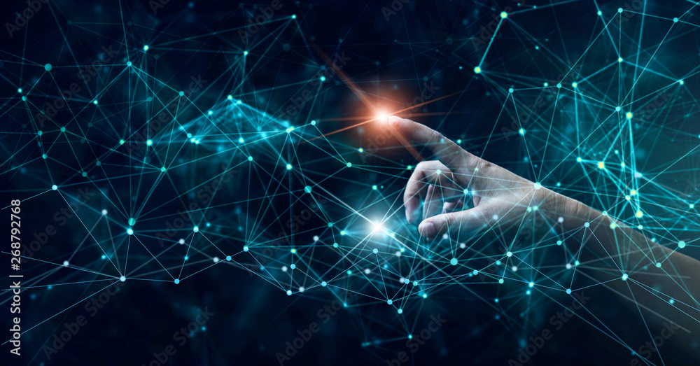 Poster hand of touching futuristic network connection, internet, innovation and technology. .