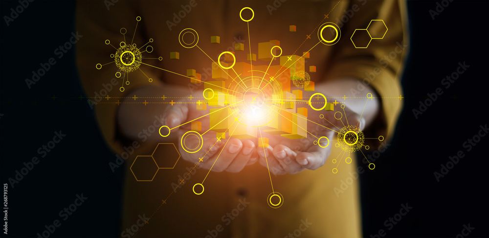 Aufkleber Hands holding global network connection. Blockchain technology. Data exchange. Big data stream futuristic, linking, cloud computing, internet communication and social media.