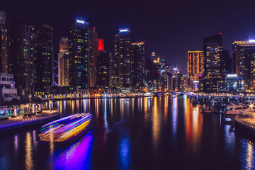 Dubai Marina district at night. Dubai at May 2019