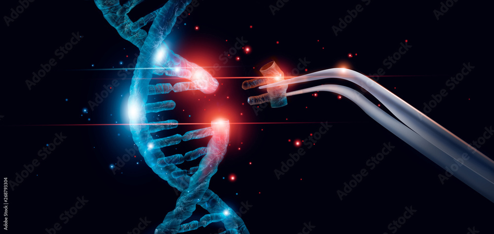 Wall mural abstract luminous dna molecule. genetic and gene manipulation concept. cut of replacing part of a dn