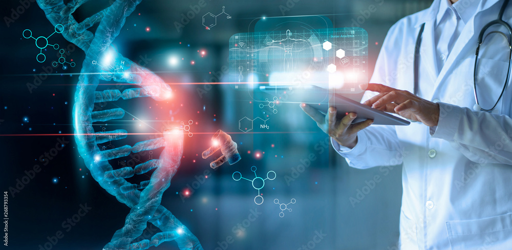 Wall mural abstract luminous dna molecule. doctor using tablet and check with analysis chromosome dna genetic o