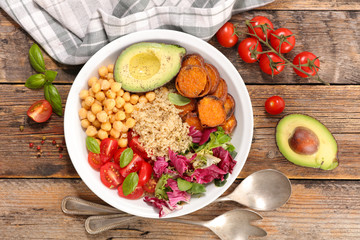 buddha bowl with avocado, chickpea, tomato and sweet potato