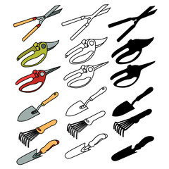 set of garden tools, with silhouette