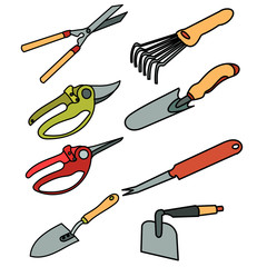 isolated, set, collection of garden tools