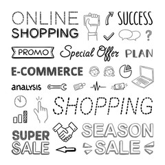 E-commerce and online shopping vector collection. Lettering and buying hand drawn set