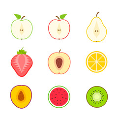 Big set of fruits and berries. Summer fruit. Fruit apple, pear, strawberry, orange, peach, plum, banana, watermelon, pineapple, kiwi, lemon. Fruits vector collection. Vector illustration.
