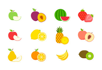 Big set of fruits and berries. Summer fruit. Fruit apple, pear, strawberry, orange, peach, plum, banana, watermelon, pineapple, kiwi, lemon. Fruits vector collection. Vector illustration.