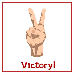 Hand shows victory gesture with text isolated on white background