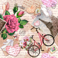 Naklejki  Hand written letters, hearts, bicycle with flowers in basket, vintage photo of Eiffel Tower, rose flowers, postal stamps, feathers. Seamless pattern about love, France, Paris