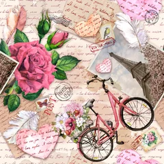 Wallpaper murals Roses Hand written letters, hearts, bicycle with flowers in basket, vintage photo of Eiffel Tower, rose flowers, postal stamps, feathers. Seamless pattern about love, France, Paris