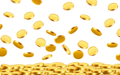 Falling coins, falling money, flying gold coins, golden rain. Jackpot or success concept. Modern background.
