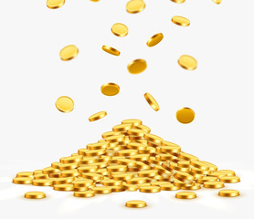 Falling coins, falling money, flying gold coins, golden rain. Jackpot or success concept. Modern background.