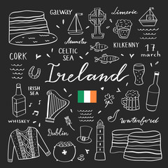 Ireland outline vector set. Hand drawn Ireland travel symbols and illustrations