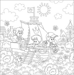 Little children playing on a colorful toy sailing ship on a playground in a park of a small town on a sunny summer day, black and white vector illustration in a cartoon style