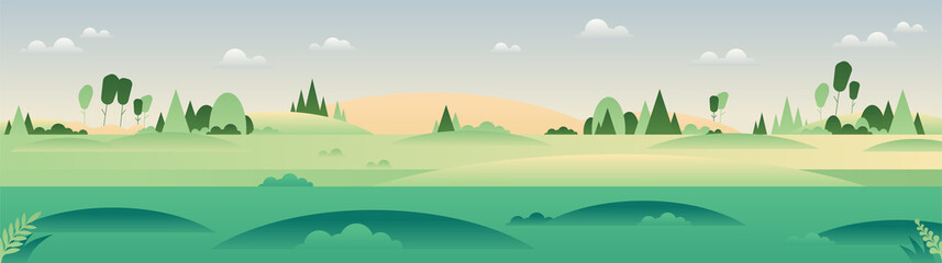 Spring or summer landscape panoramic background in minimalist style.