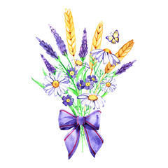 Floral decor. Watercolor bouquet of wild chamomile flowers, lavender and spikes