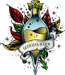 Witch and magic flask potion with crown,branches with leaves, decorative tape for your inscription.Vector illustration.Line art potion of good luck.Oldschool newschool vintage good luck tattoo sketch.