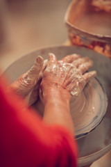 Top view of female hands during work