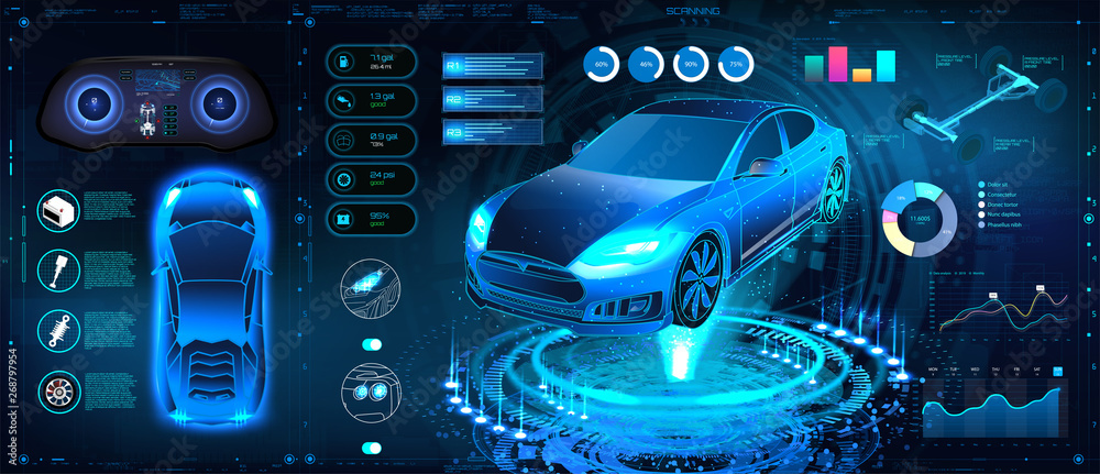 Poster car auto service, modern design hud, diagnostic auto infographic. futuristic user interface. virtual