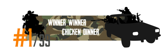 Pubg concept. Squad rides by car Dacia and shoots. Playerunknown’s battlegrounds. battle royale game Pubg, Fortnite. Slogan - Winner winner chicken dinner. Vector web cap