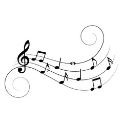 Music notes and symbols, with swirls, vector illustration.