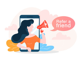 Refer a friend web banner concept. Woman make promotion
