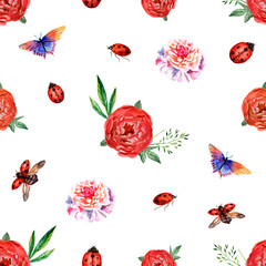 Watercolor seamless pattern with flowers and insects