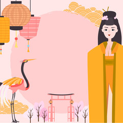 Welcome to Japan illustration template poster with geisha and traditional famous elements and symbols. Editable vector illustration