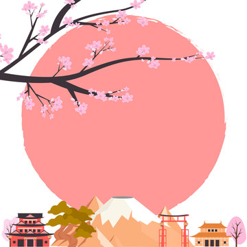 Japan poster with traditional famous elements and symbols. Welcome to Japan.   Editable vector illustration