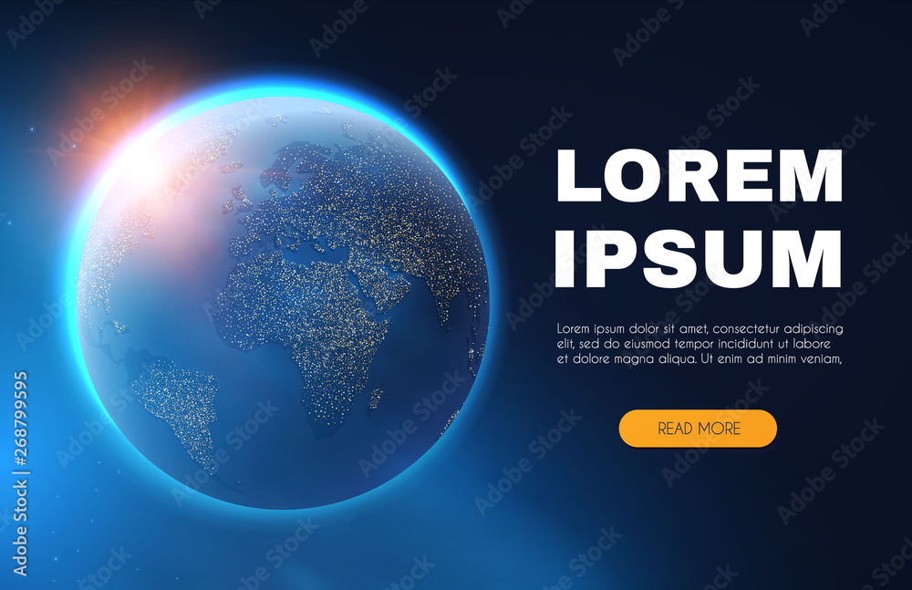 Wall mural eath planet in space with lights. realistic universe. cosmos background. landing page.
