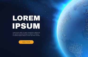 Eath Planet in Space with Lights. Realistic Universe. Cosmos Background. Landing Page.