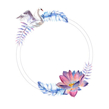 Flowers watercolor illustration. A circle frame of flowers on white background.