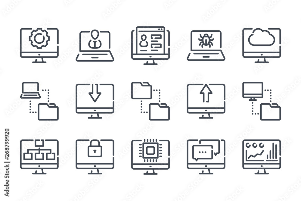 Poster computer technology related line icon set. data transfer and computer options linear vector icon col