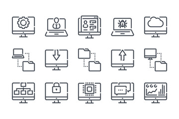 Computer technology related line icon set. Data transfer and computer options linear vector icon collection.