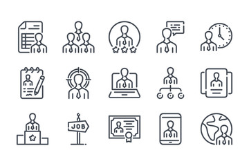 Recruitment and Head Hunting related line icon set. Candidate and interview vector linear icon collection. Job organization outline icons.