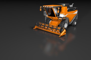 industrial 3D illustration of large beautiful orange rural combine harvester front top view with reflection on dark grey, mockup with place for your text