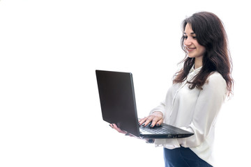 Woman with laptop isolated on white background