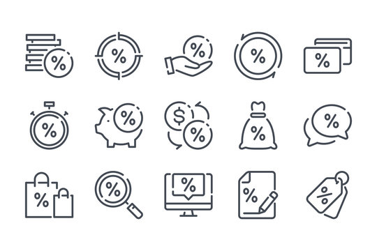 Financial interest related line icon set. Debt and loan vector linear icon collection. Credit and lending money lined icons.