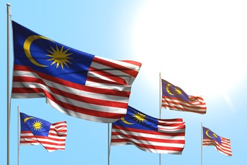 nice 5 flags of Malaysia are wave on blue sky background - any celebration flag 3d illustration..