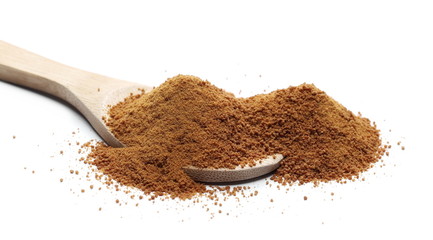 Coconut palm sugar with wooden spoon isolated on white background 