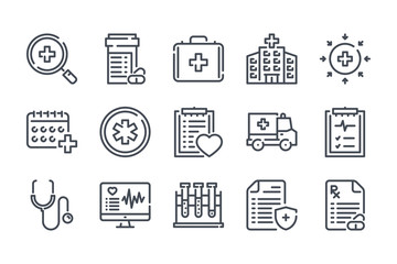 Medical care related line icon set. Medicine, hospital and medical service linear vector icons.