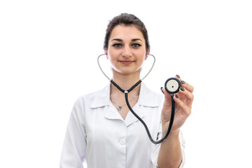 Doctor in mask with stethoscope isolated on white