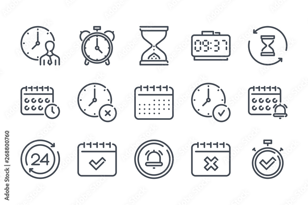 Poster time and date related line icon set. alarm and timer linear vector icon collection. hourglass and ca