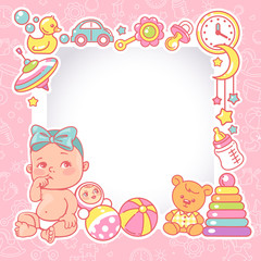 Baby shower design template. Baby girl with toy frame.