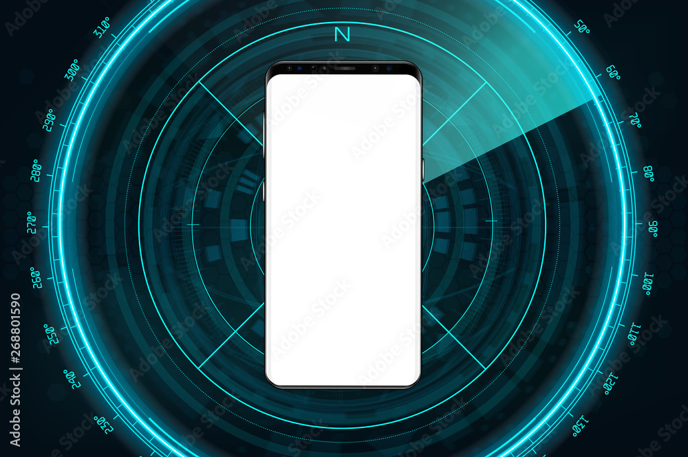 Poster realistic smartphone mockup with futuristic radar concept, mobile phone abstract background, vector 