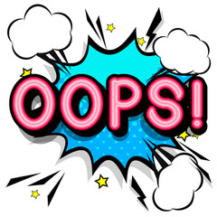 Oops - retro lettering with shadows, halftone pattern on retro poster  background. Vector bright illustration in vintage pop art style.