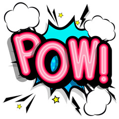 Pow - retro lettering with shadows, halftone pattern on retro poster  background. Vector bright illustration in vintage pop art style.